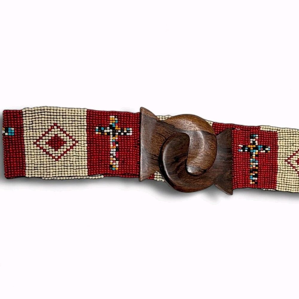 Vintage Native Style Beaded Belt Red Cream Wooden Buckle Boho Western